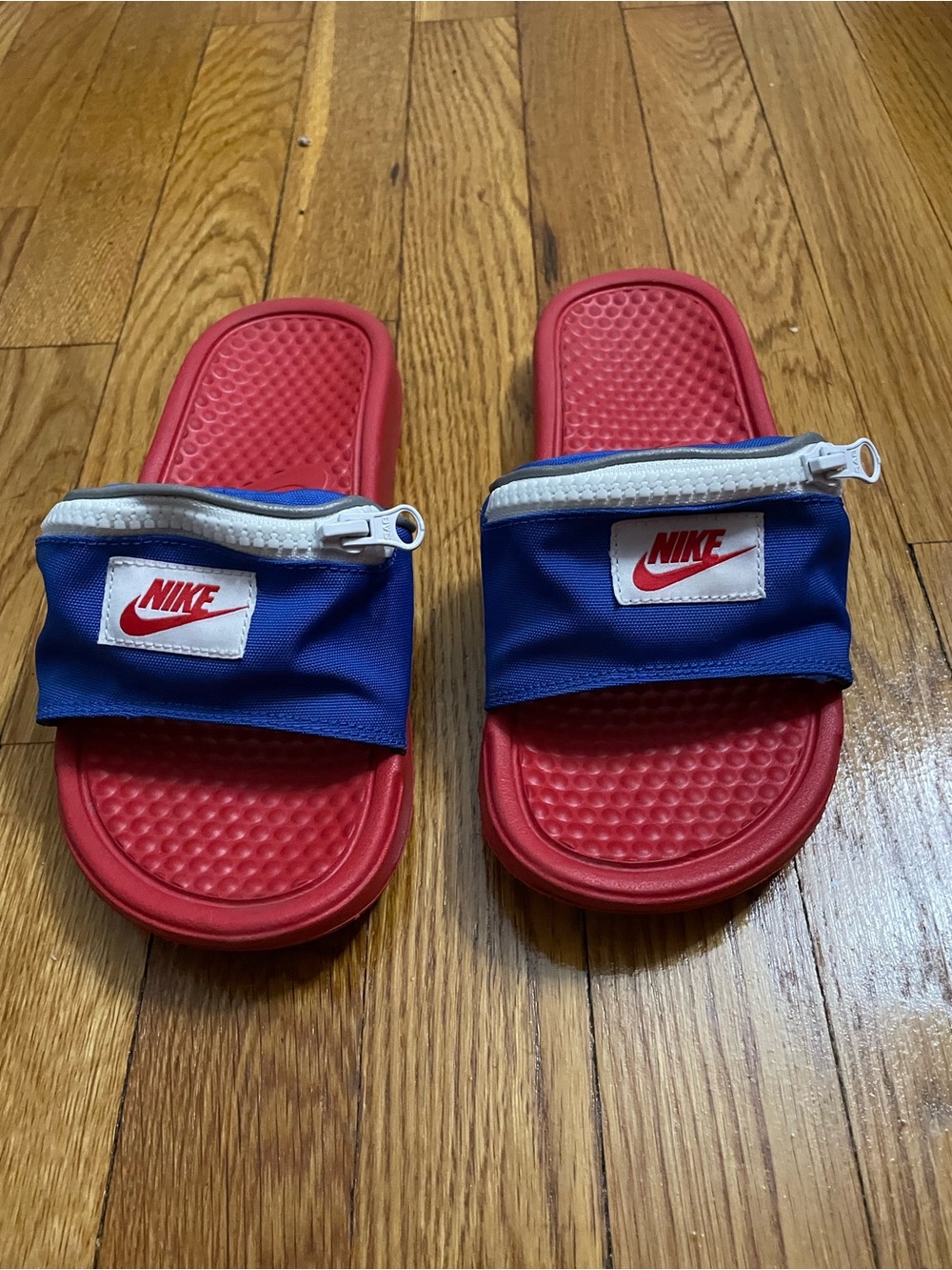 Nike Kids Red Footbed Blue Strap Slide Sandals with Zipper Pocket
